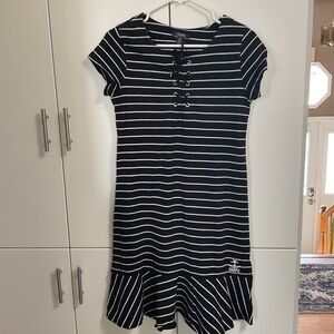 Chaps Black Stripes Flounce Hem Dress US S